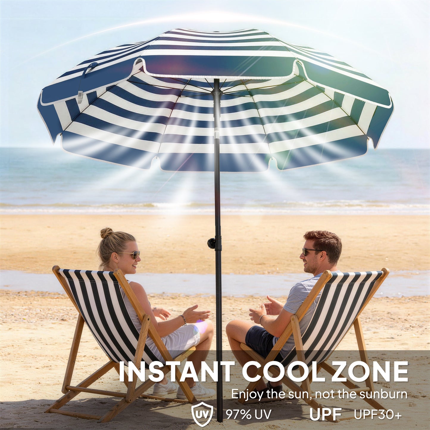 1.8 m Beach Umbrella Parasol with Sand Anchor, Portable 30° Tilting Patio Sun Shade with Adjustable Height, Blue/White
