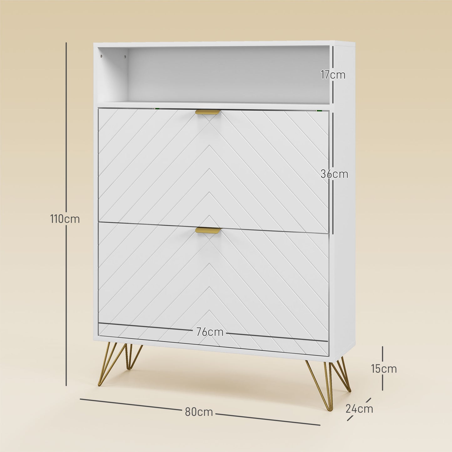12 Shoe Storage Cabinet with Chevron Indents and Gold Tone Accents - White