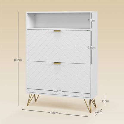 12 Shoe Storage Cabinet with Chevron Indents and Gold Tone Accents - White