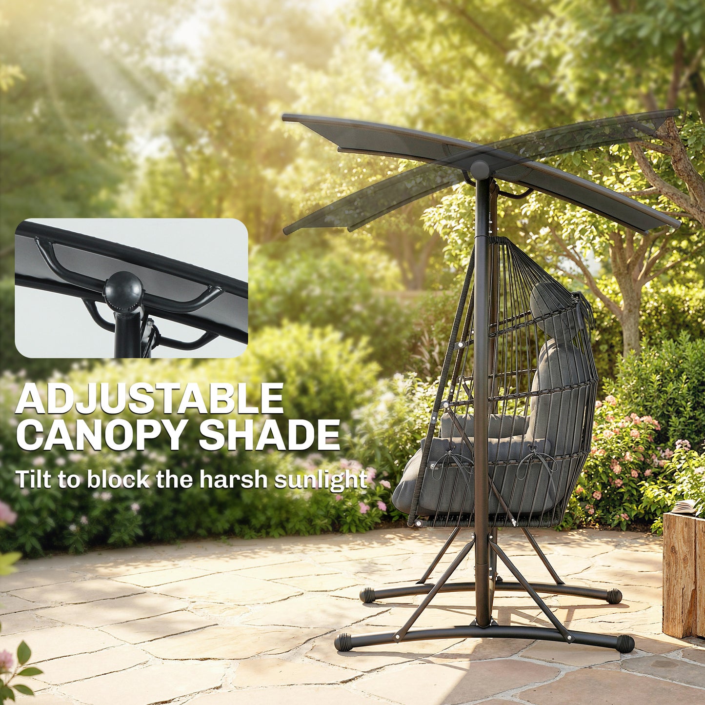 Double Hanging Egg Chair with Canopy, Rattan Garden Egg Swing Chair with Cushion, Stand for Indoor Outdoor, Dark Grey