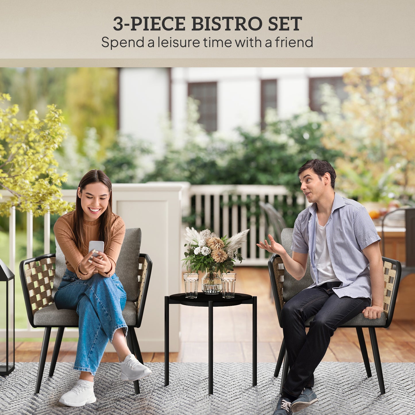 3 Pieces Rattan Bistro Set with Washable Seat and Back Cushions, Glass Top Coffee Table, for Outdoor, Patio, Black