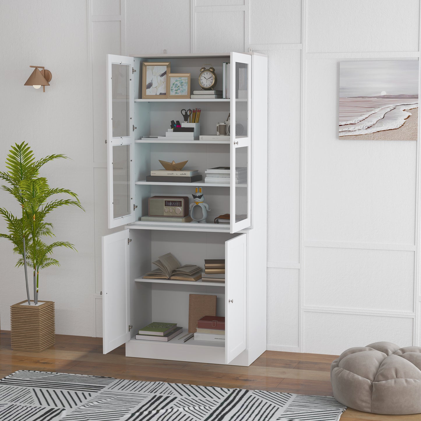 Double Storage Display Cabinet with Adjustable Shelves, MDF - White