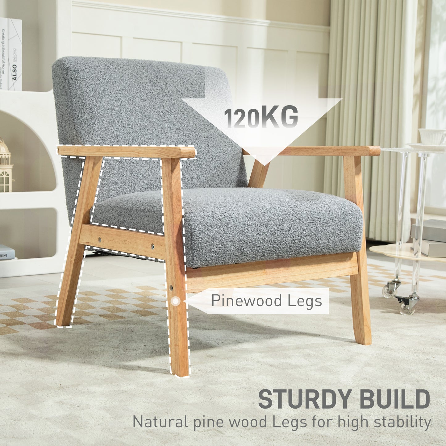 Modern Armchair, Sherpa Fleece Upholstered Accent Chair with Solid Wood Legs and Wide Seat