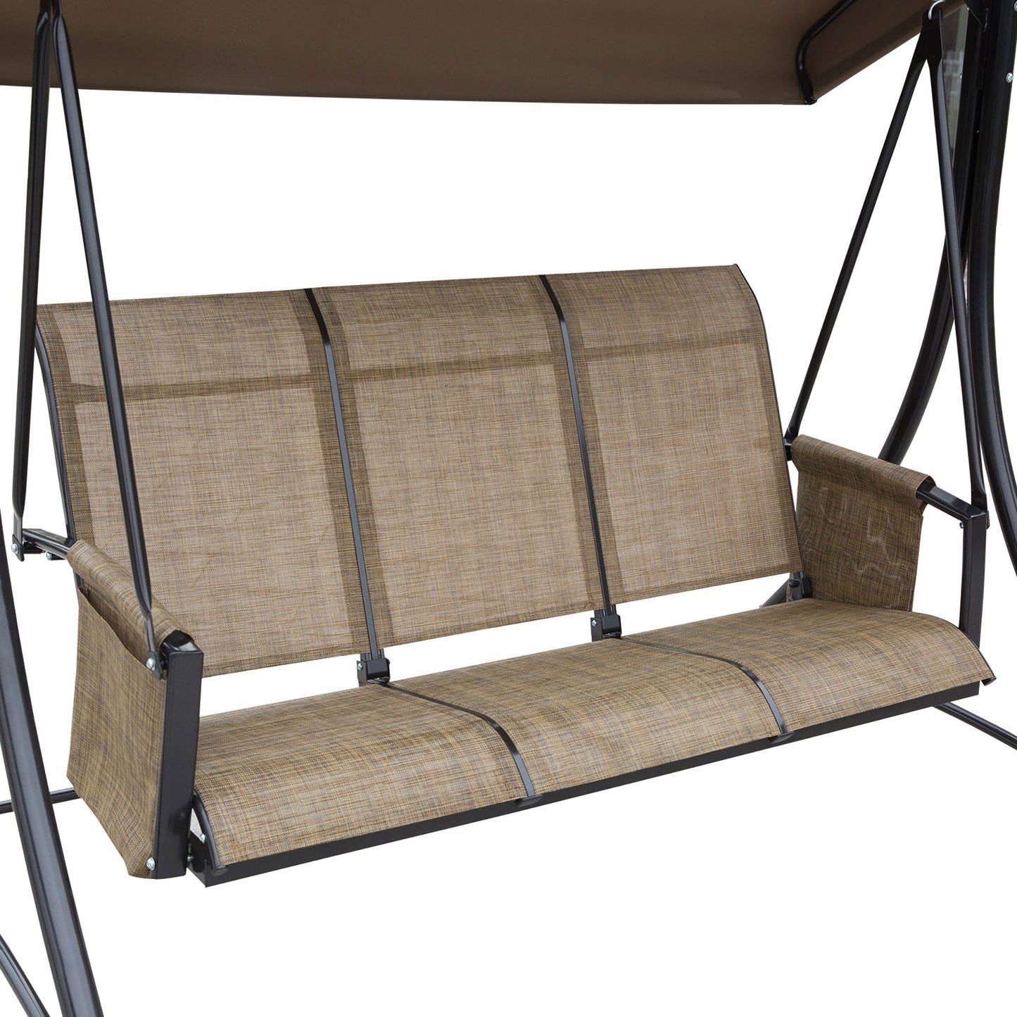 3 Seater Garden Swing Seat Outdoor Swing Chair with High Back Design, Steel Frame, Side Pouches, Adjustable Canopy, Brown