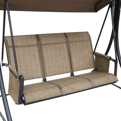 3 Seater Garden Swing Seat Outdoor Swing Chair with High Back Design, Steel Frame, Side Pouches, Adjustable Canopy, Brown