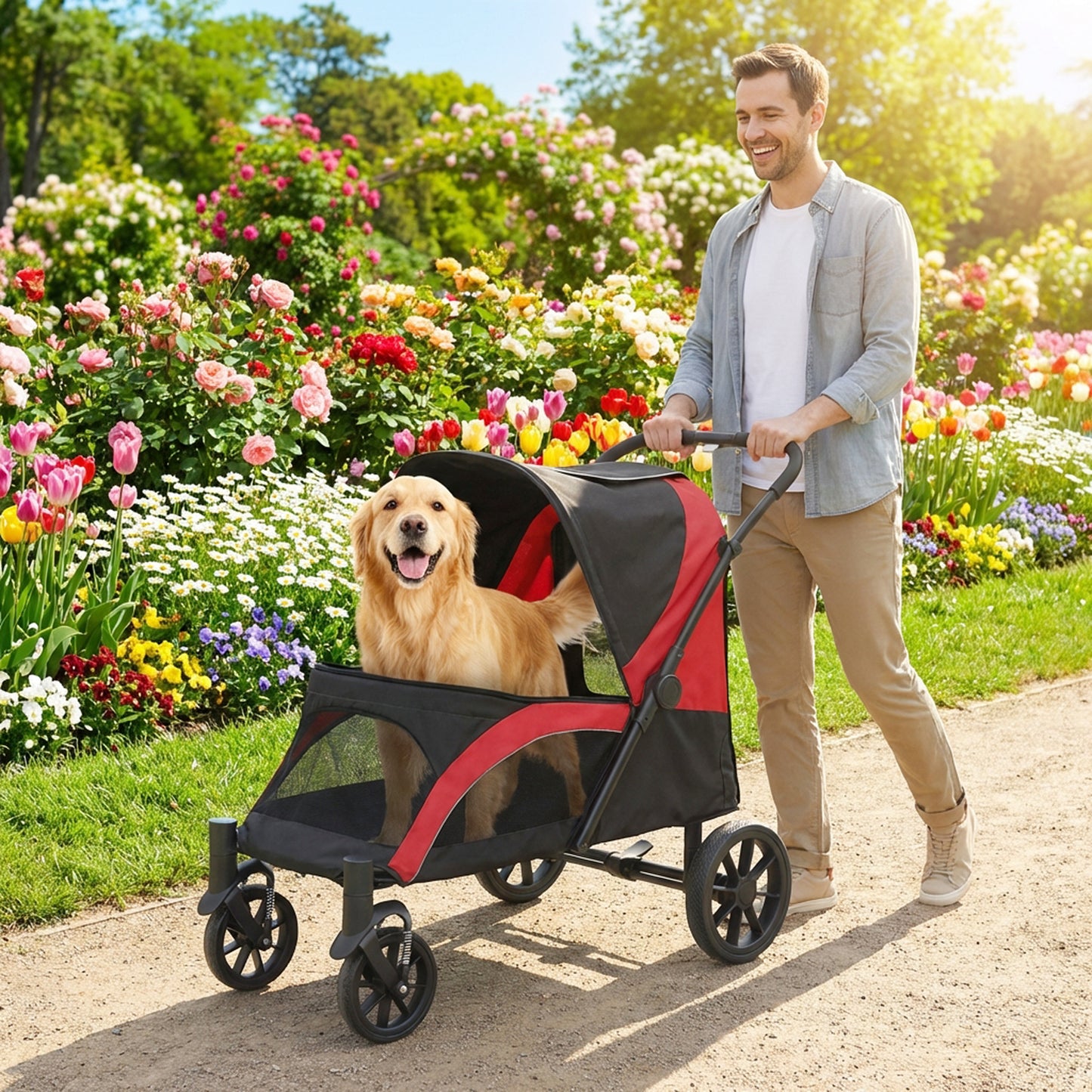 Foldable Pet Stroller for Large Dogs with Four Big Wheels, Shock-Absorbing Frame, Safety Leashes, Brakes, Red/Black