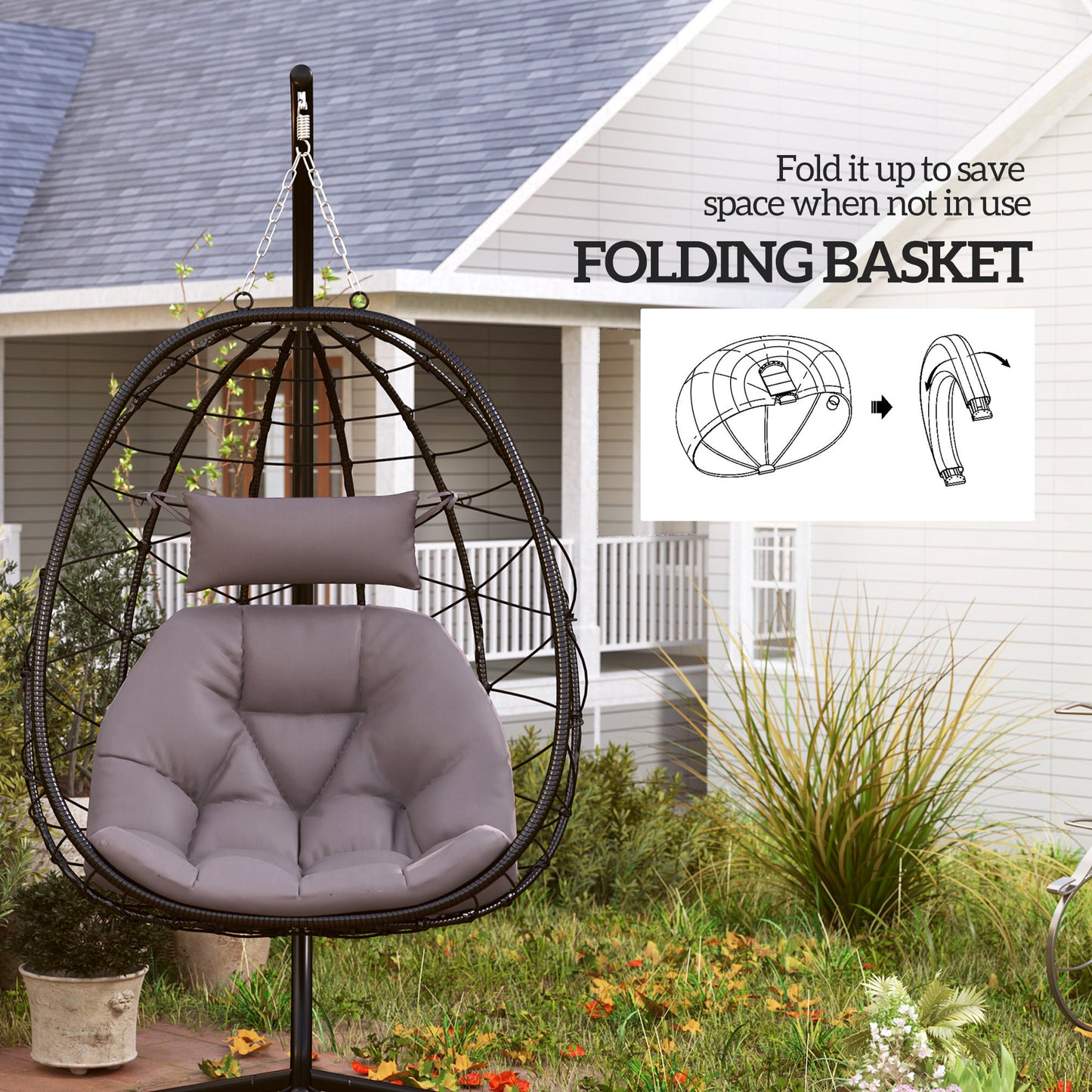 Hanging Egg Chair Outdoor Indoor Garden Swing Chair with Folding Basket, Thickened Cushion, Garden Hanging Chair with Stand