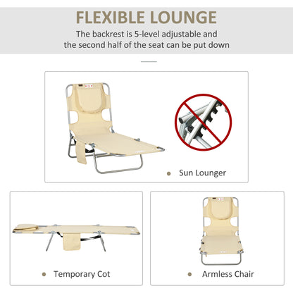 Foldable Sun Lounger, Beach Chaise Lounge with Reading Hole, Arm Slots, 5-Position Adjustable Backrest, Side Pocket