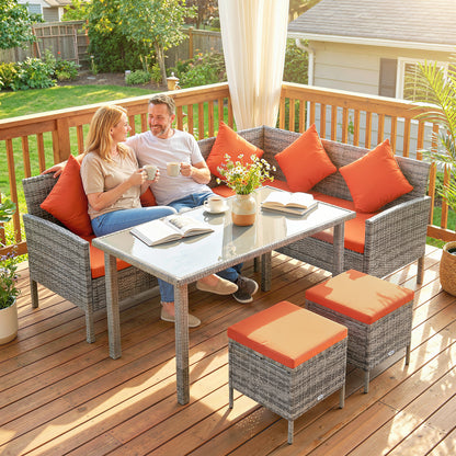 6-Seater Rattan Dining Set Sofa Table Footstool Outdoor w/ Cushion Garden Furniture, Orange