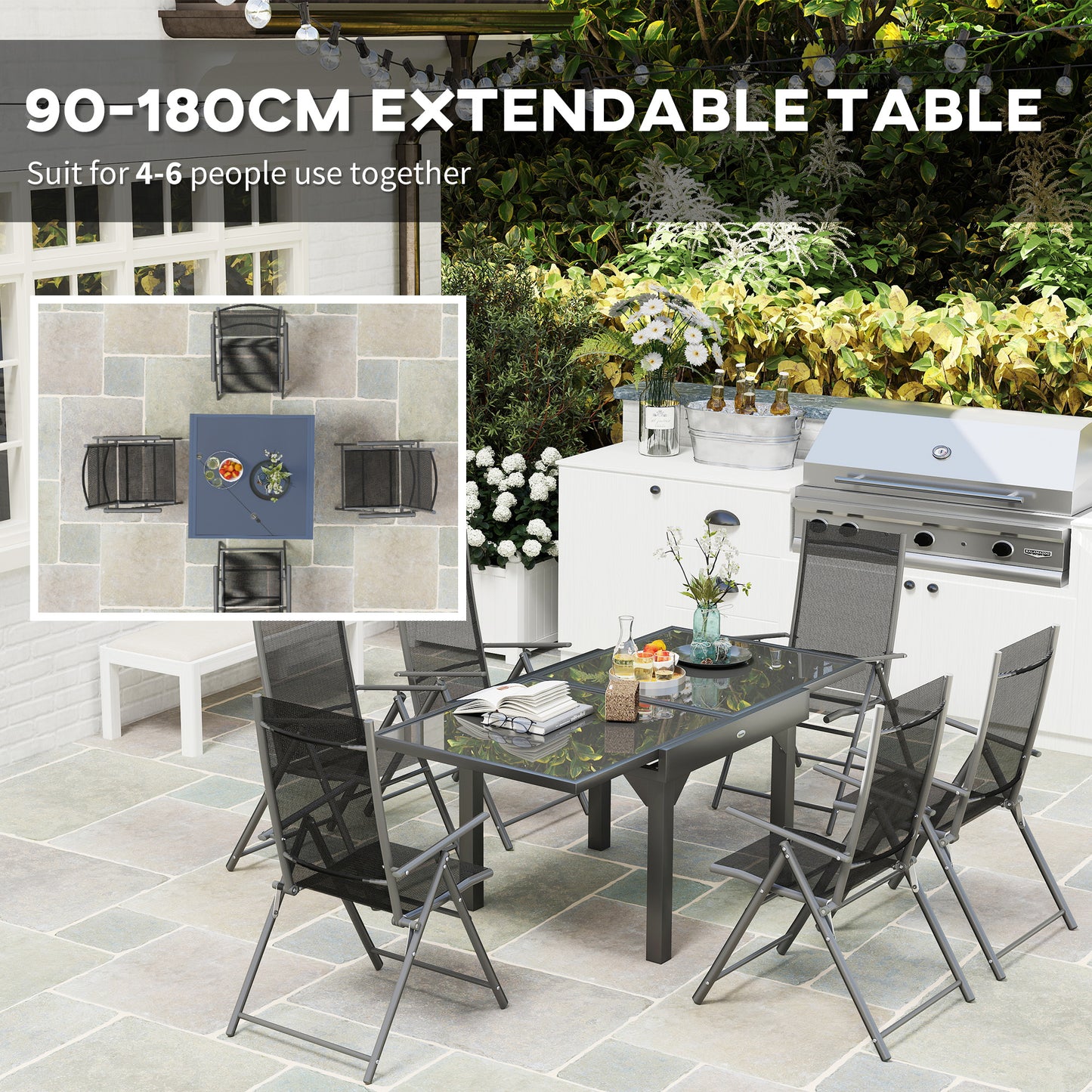 7 Piece Outdoor Dining Set with Extendable Table and 6 Folding Chairs for Patio, Balcony, Deck, Grey