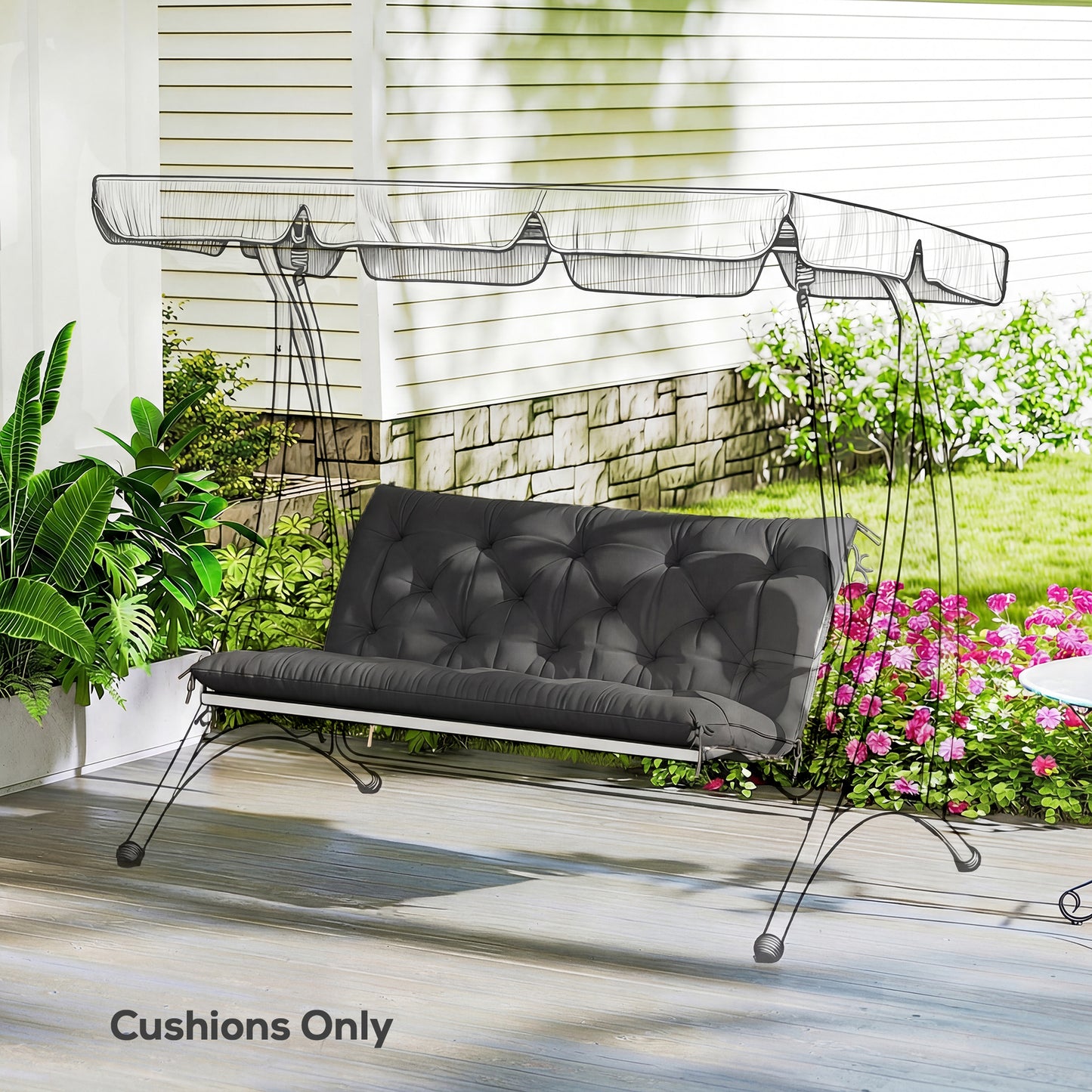 Garden Bench Cushion, 2 Seater Swing Chair Cushion, Seat Pad with Ties for Indoor and Outdoor Use, 110 x 120 cm, Black