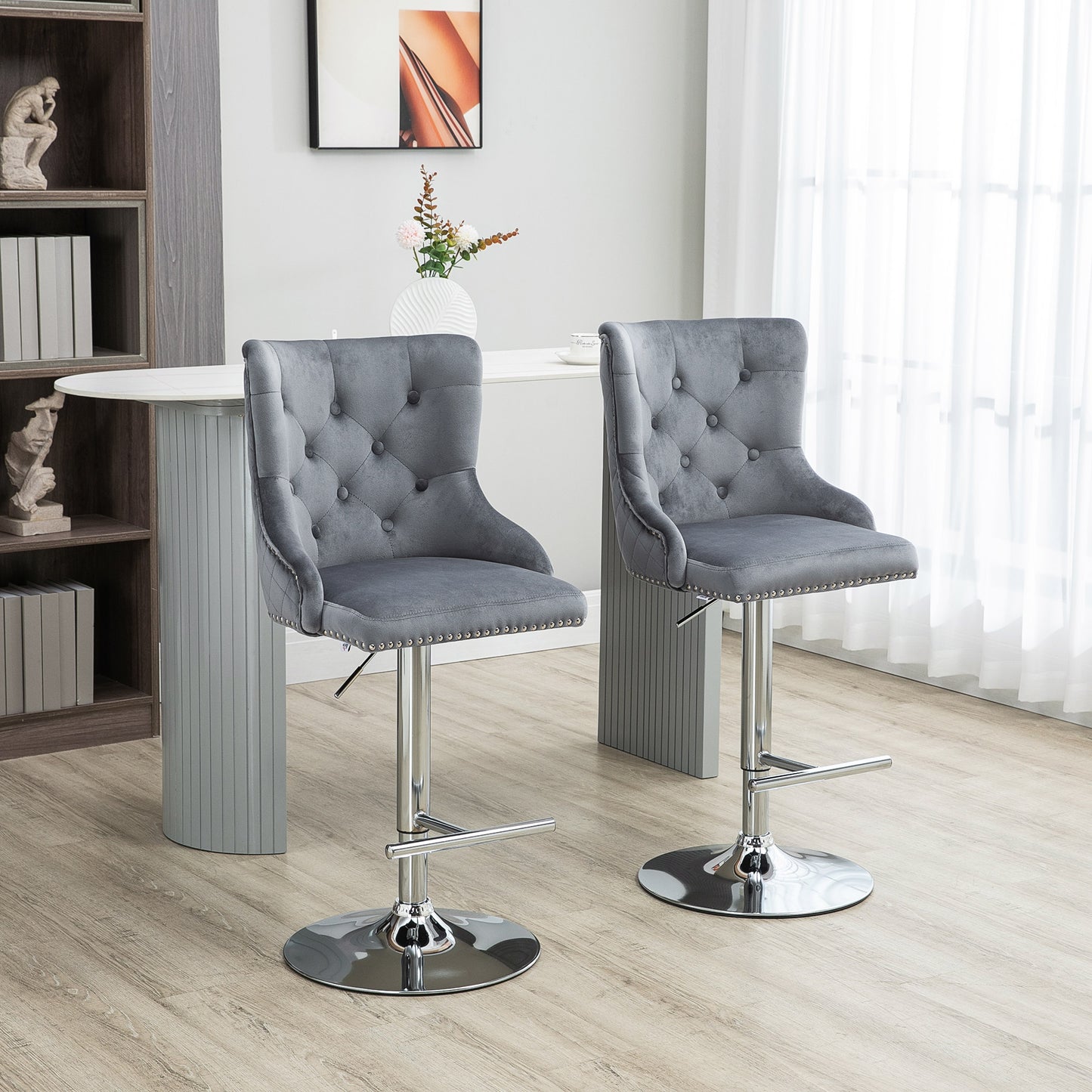 Bar Stools Set of 2, Modern Swivel & Adjustable Velvet Barstools with Button-Tufted Back, Footrest for Home Bar, Grey