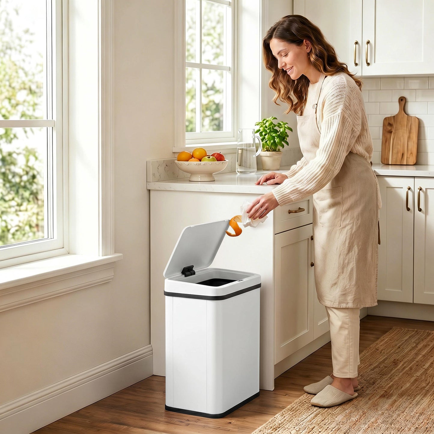 40L Sensor Bin with Soft-Close Lid, Stainless Steel Automatic Touchless Motion Sensor Kitchen Bin, White