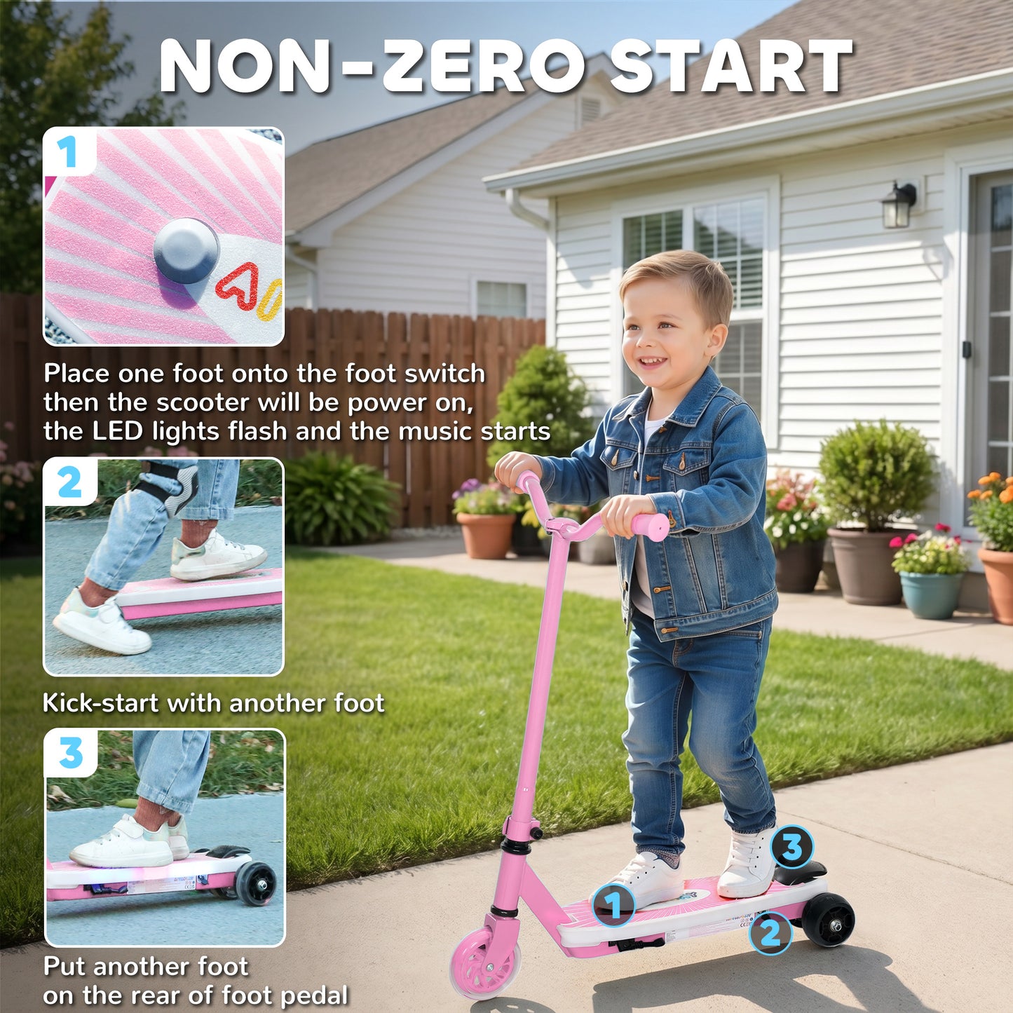 Electric Scooter for Kids Aged 4-7 Years, with Flashing LED Lights, Rear Auxiliary Wheels, Pink