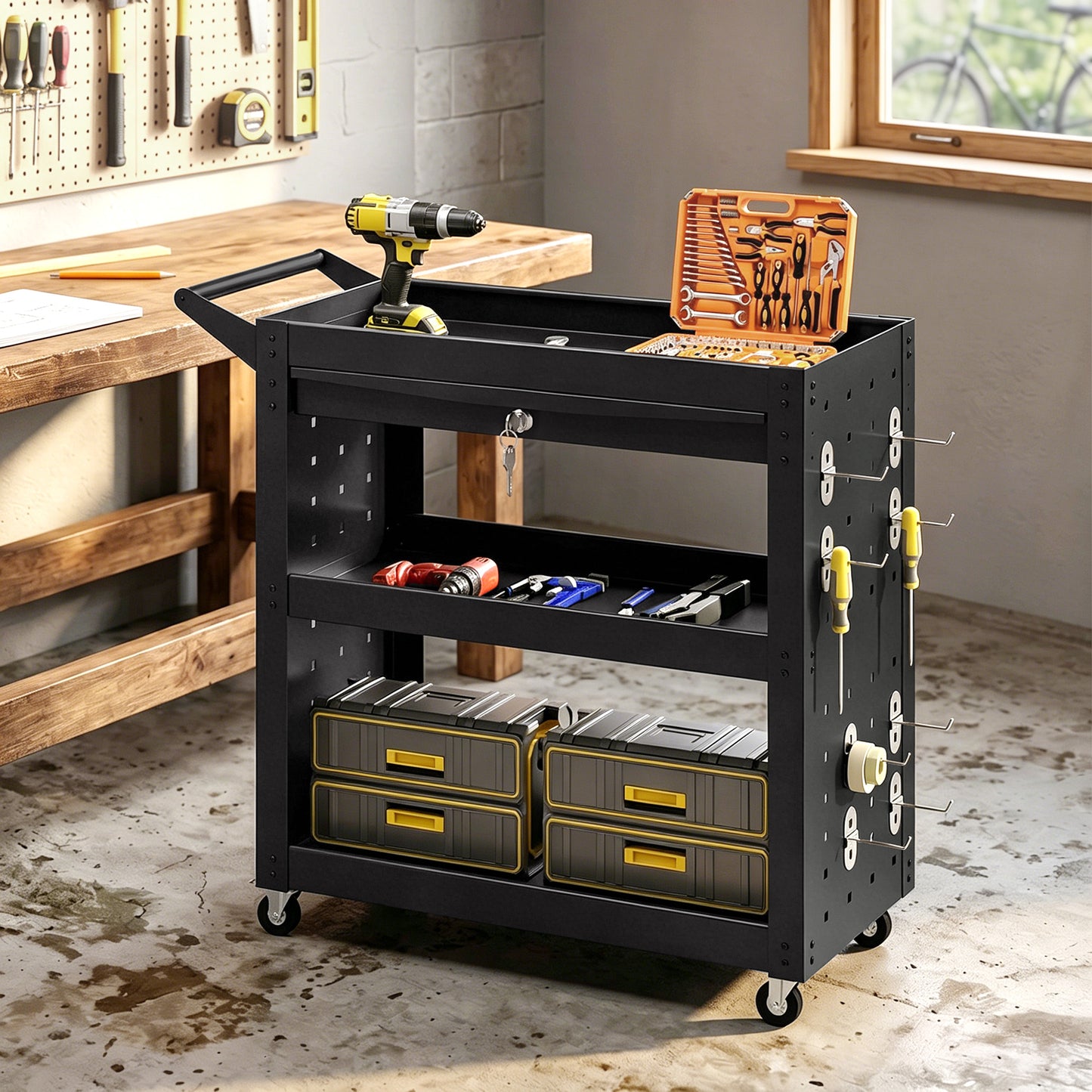 Tool Cart with Lockable Wheels, Rolling Workshop Cart with 3-Tier Trays, Drawer, Pegboards, Black