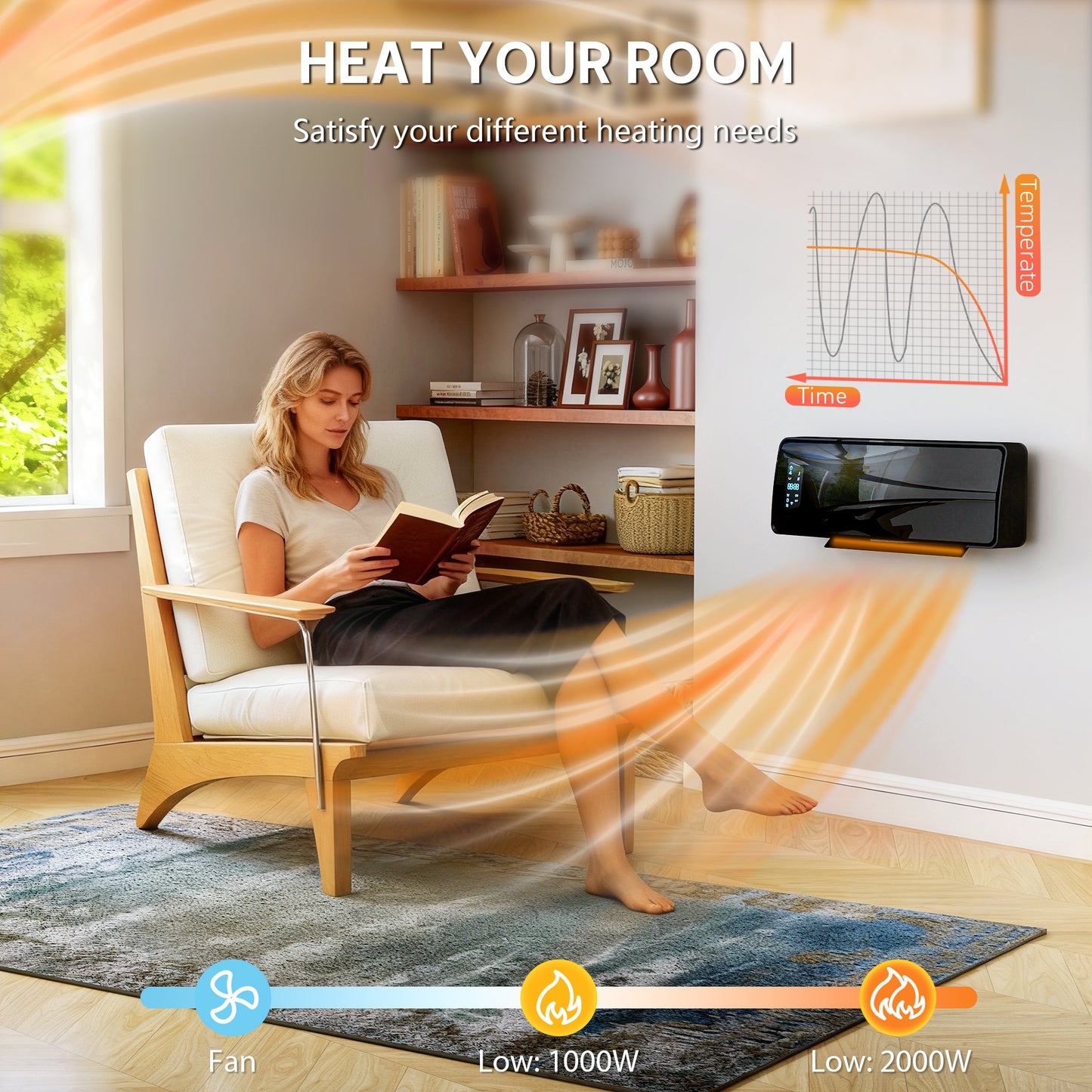 2000W Ceramic Electric Heater with Fan, Adjustable Thermostat, Wall Mounted - Black
