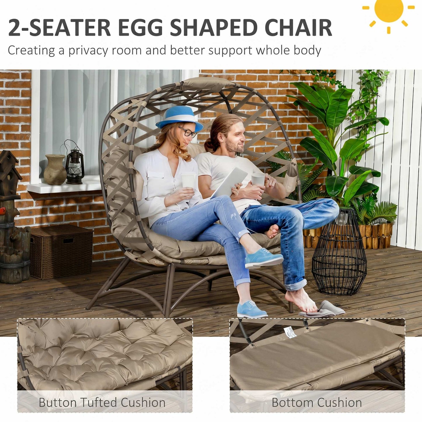 2 Seater Egg Chair Outdoor, Folding Weave Garden Furniture Chair with Cushion, Cup Pockets - Khaki