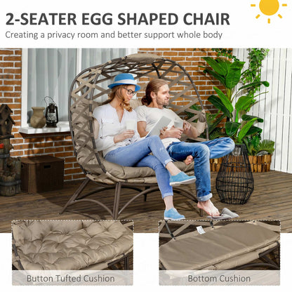 2 Seater Egg Chair Outdoor, Folding Weave Garden Furniture Chair with Cushion, Cup Pockets - Khaki