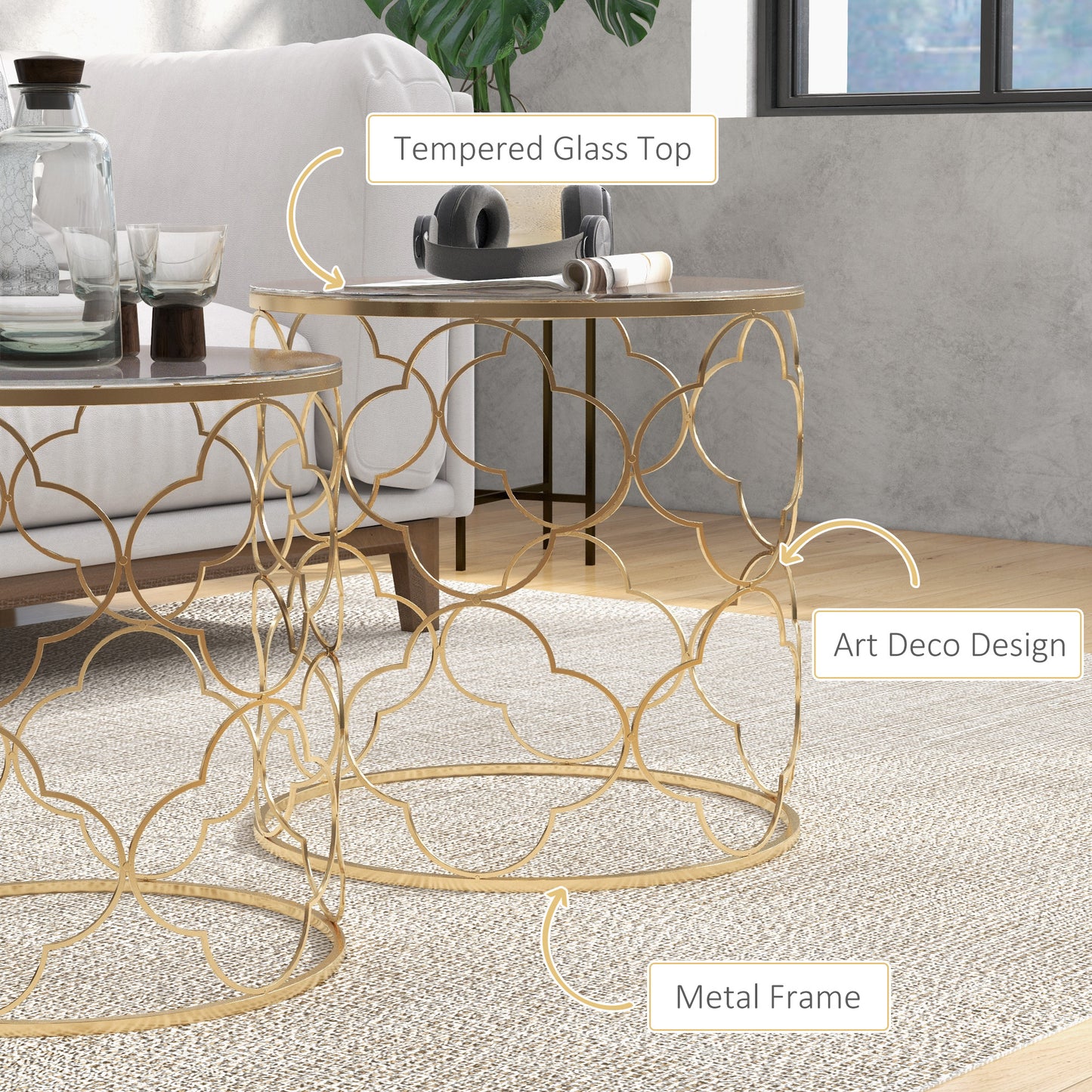 Nesting Tables Set of 2, Modern Stacking Side End Table with Tempered Glass Top, Metal Frame for Living Room Bedroom Office