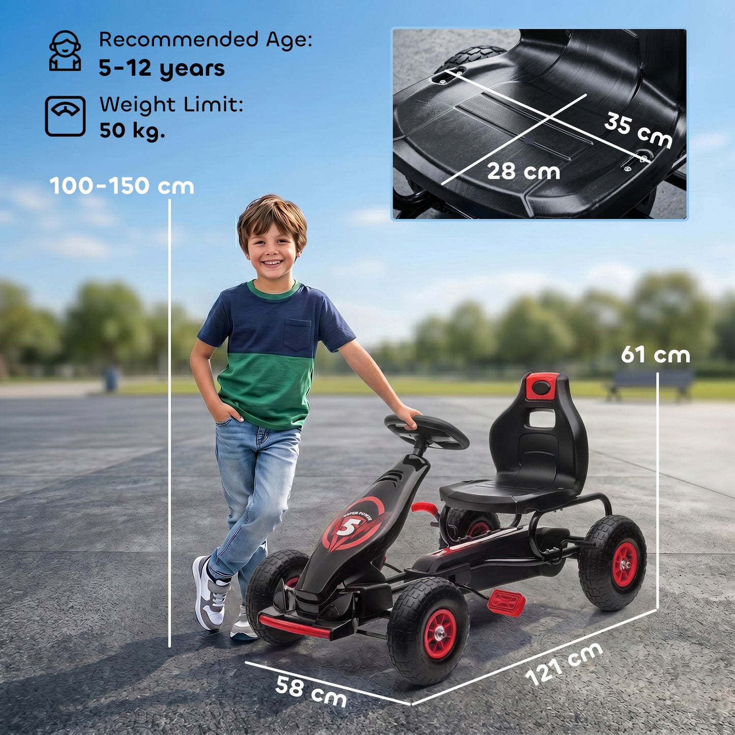 Kids Pedal Go Kart, with Adjustable Seat, Inflatable Tyres - Red