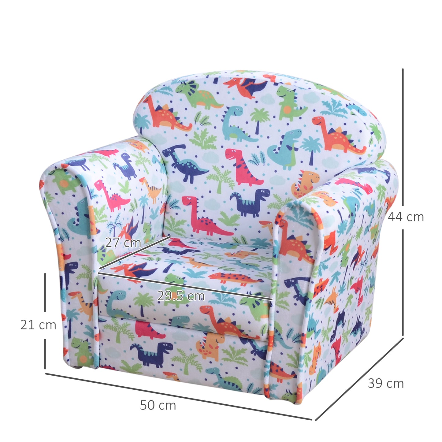 Children's Armchair Flannel Kids Sofa Tub Chair Cartoon Dinosaur Pattern Wooden Frame Bedroom Playroom Seater Multicolour