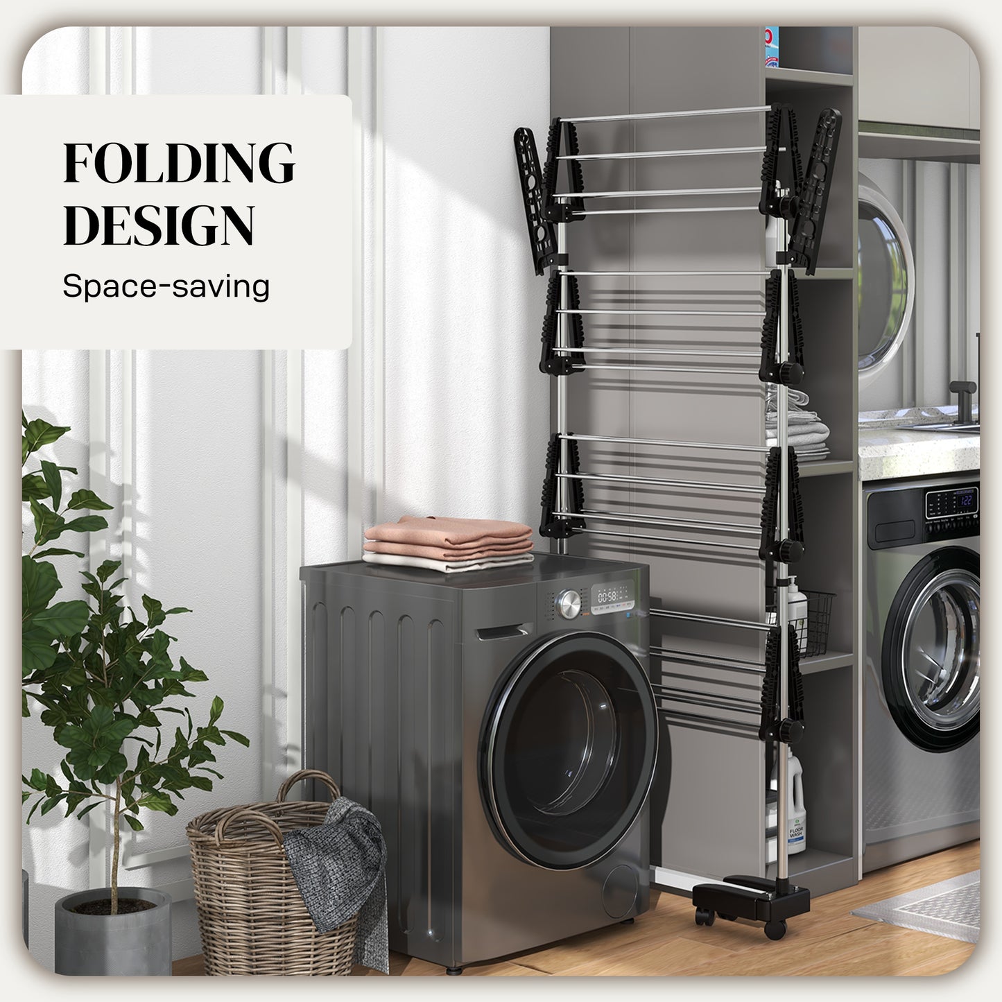 Four-Shelf Collapsing Clothes Horse, With Side Arms and Wheels - Black