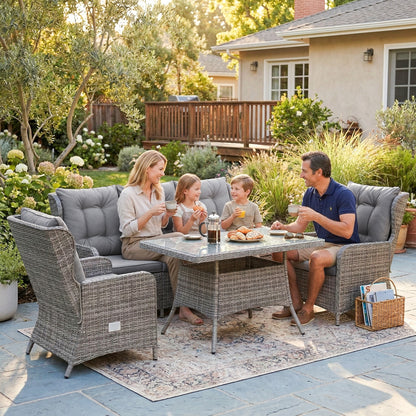 5 Seater Rattan Garden Furniture Set with Sofa, Reclining Chairs, Table, Patio Rattan Furniture Sofa Sets, Grey