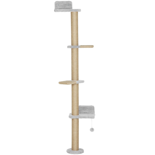 Wall Mounted Cat Shelves, Cat Climbing Wall with 4 Climbing Platforms, Jute Scratching Post and Toy Ball,180cm Tall