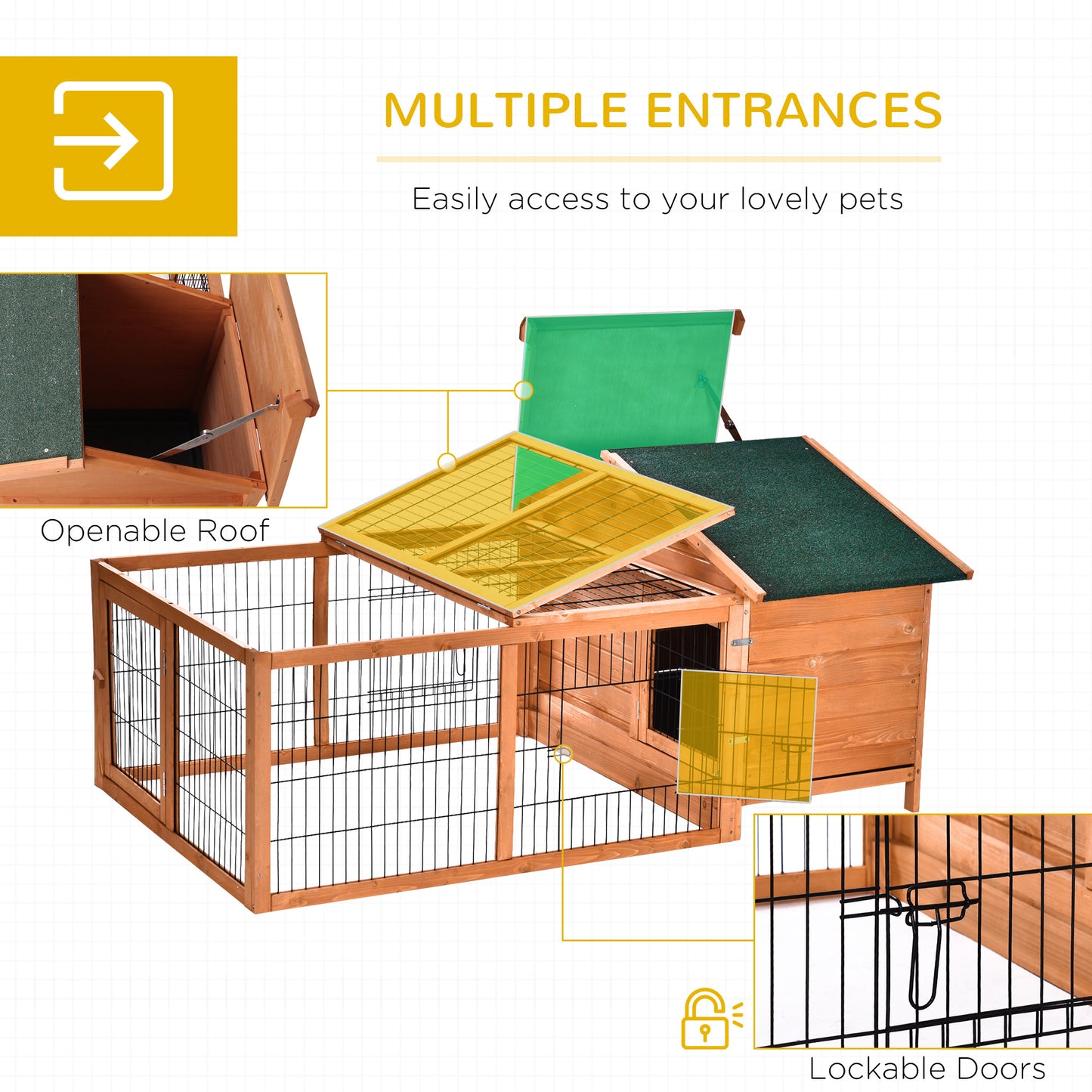 Wooden Rabbit Hutch Outdoor, Guinea Pig Hutch, Detachable Pet House Animal Cage with Openable Run & Roof Lockable Door Slide