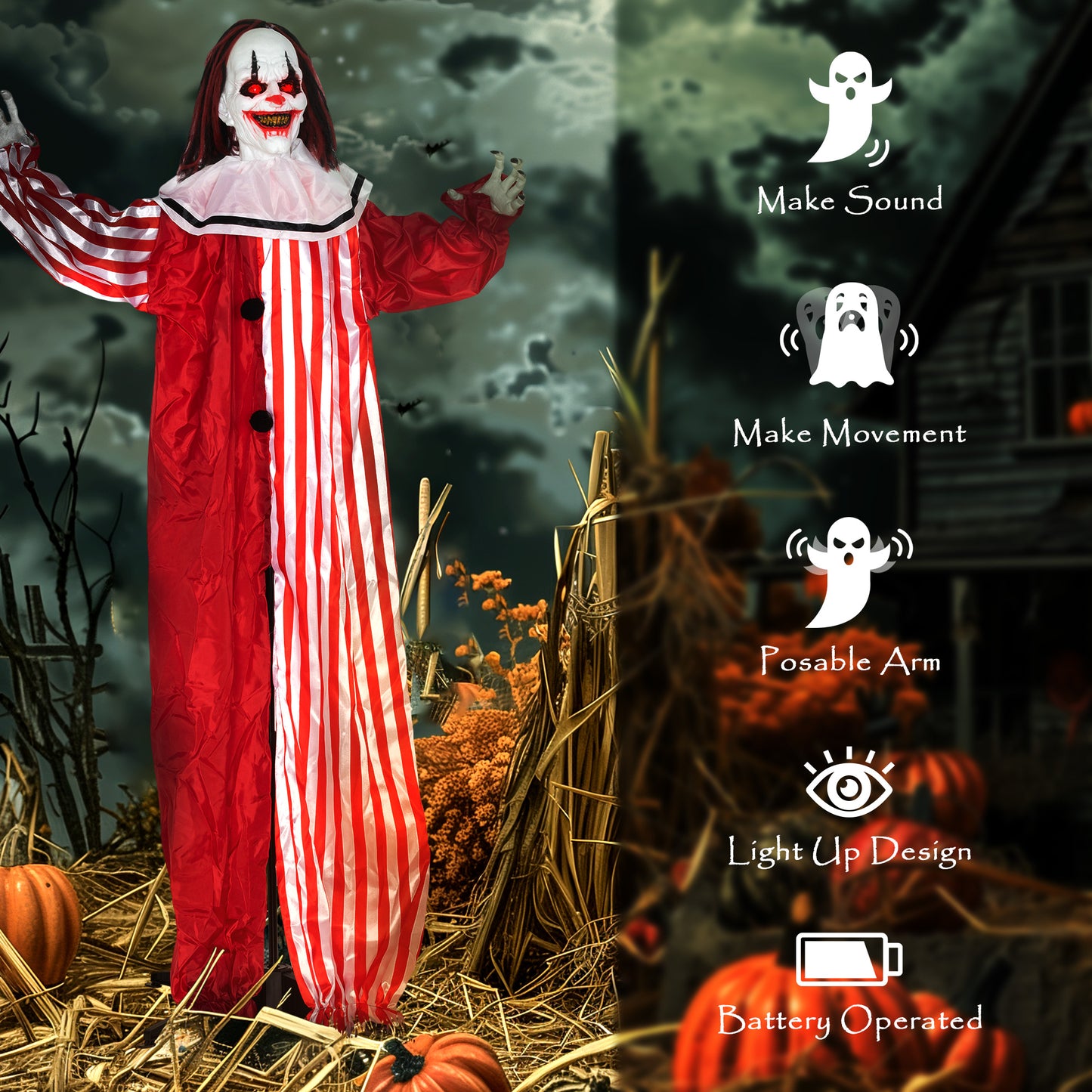 165 cm Life Size Halloween Animated Clown with Red Light Up Eyes, Sound Activated Moving Body
