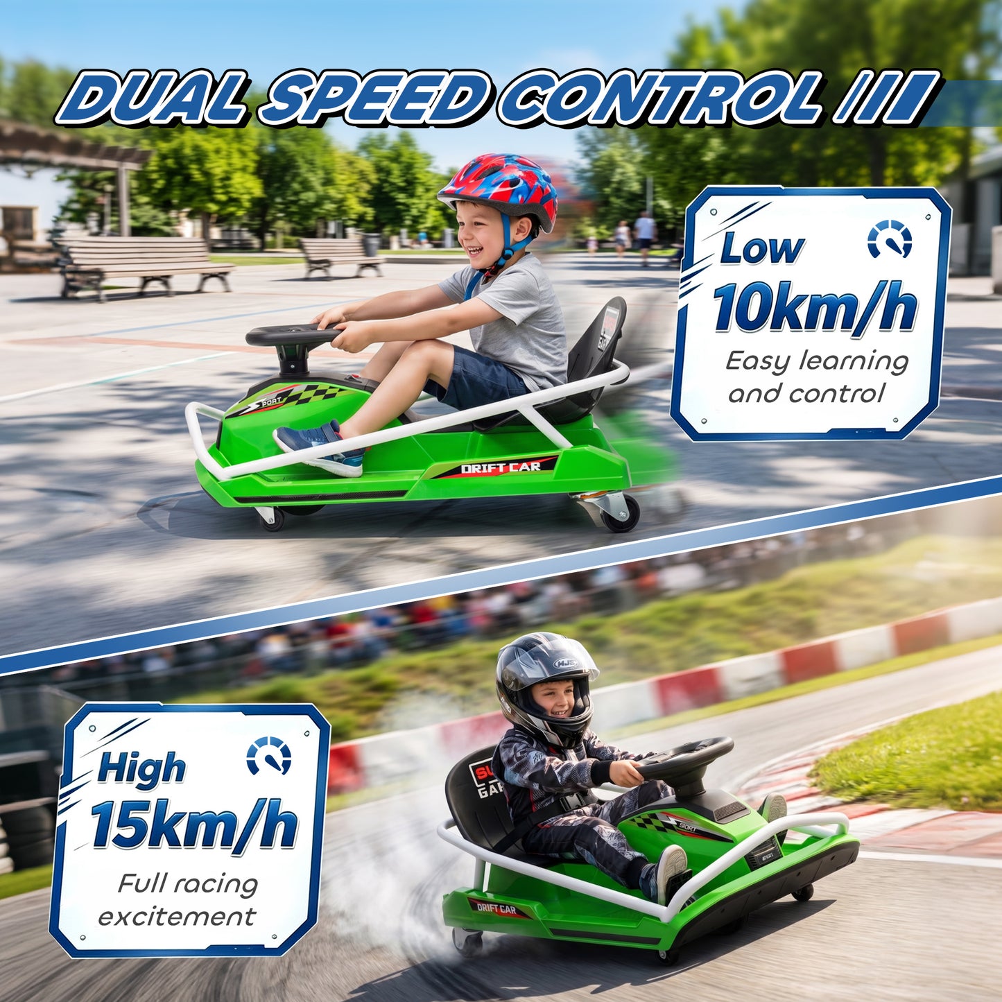 24V Electric Go Kart for Kids with Drift Mode, 300W Brushless Motor, Soft Start and Dual Speed for Ages 6-10, Green