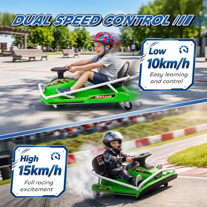 24V Electric Go Kart for Kids with Drift Mode, 300W Brushless Motor, Soft Start and Dual Speed for Ages 6-10, Green