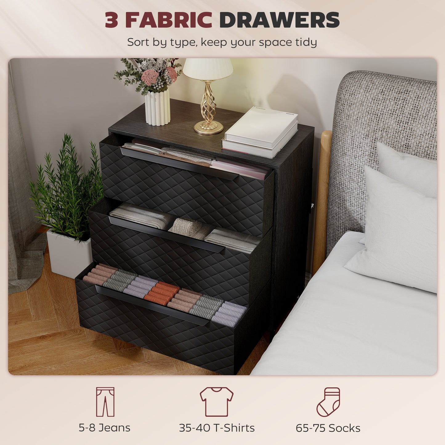 Chest of Drawers, Dresser with 3 Fabric Drawers and Aluminium Handles - Black