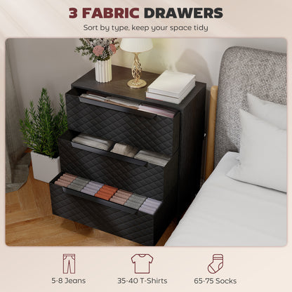 Chest of Drawers, Dresser with 3 Fabric Drawers and Aluminium Handles - Black