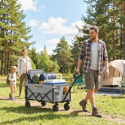 60L Foldable Festival Trolley on Wheels, Collapsible Wagon Cart with Drop-Down Tailgate, Adjustable Handle, Grey