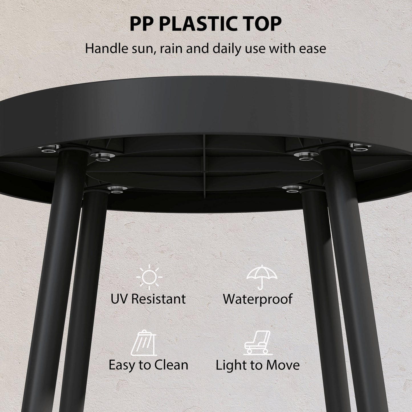 49.5 cm Round Garden Table, Small Outdoor Coffee Side Table with Plastic Tray-Style Top, Metal Legs, Black
