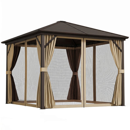 3 x 3(m) Metal Hardtop Gazebo, with Curtains and Accessories - Brown