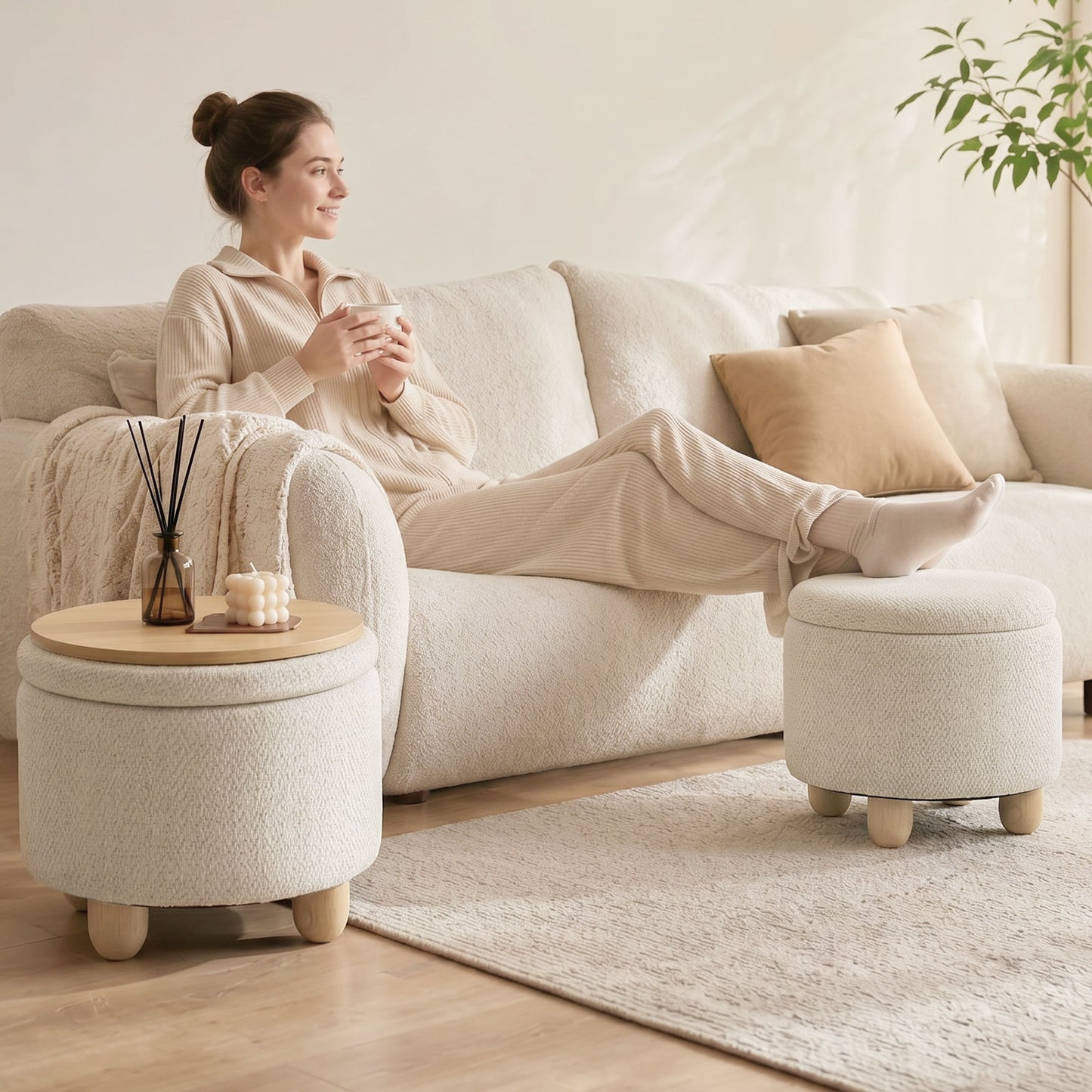 Storage Sitting Bench with Lid, Round Storage Ottoman with Rubberwood Legs, Beige