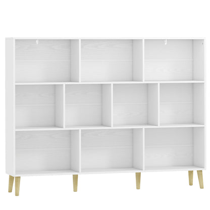 10-Cube Bookcase, 3-Tier Book Shelf with Solid Wood Legs, 140 cm Modern Bookshelf with Anti-Tip Kit for Bedroom, White