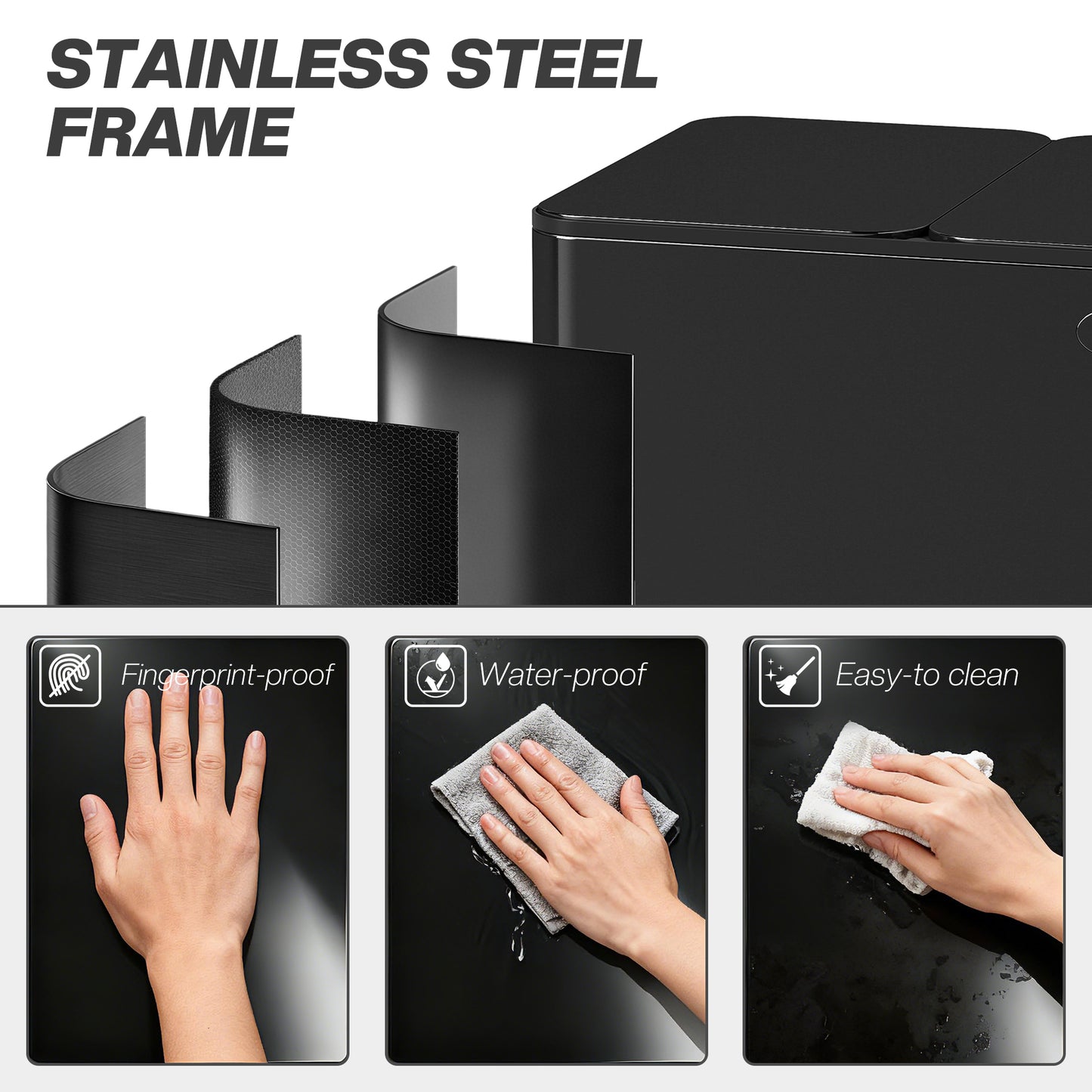 3 x 20L Pedal Bin, Steel Triple Kitchen Bin with Soft Close Lid, Removable Inner Buckets, Fingerprint-Proof, Black