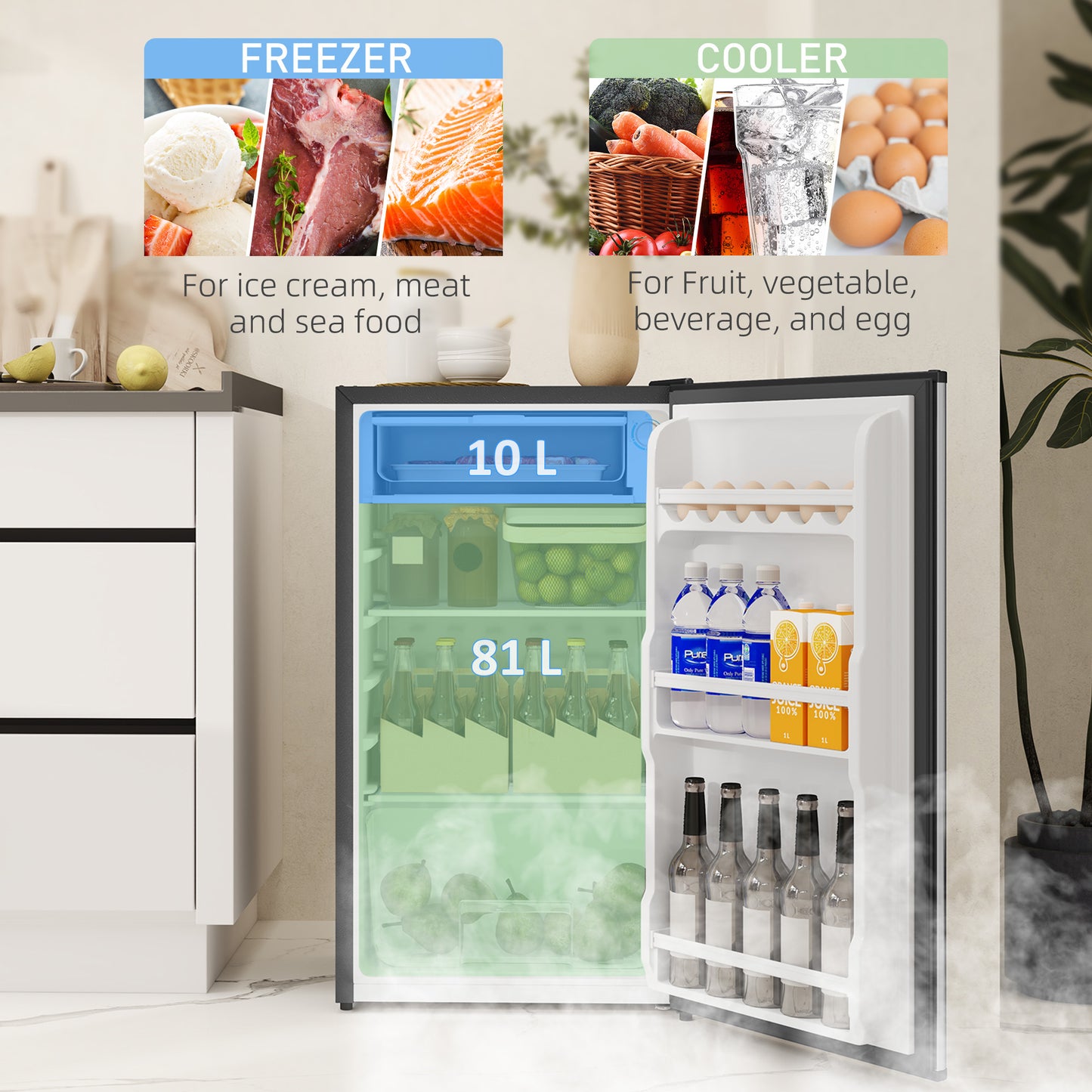 Under Counter Fridge, 91L Small Fridge with Chiller Box, Removable Shelf, Reversible Door, Adjustable Legs