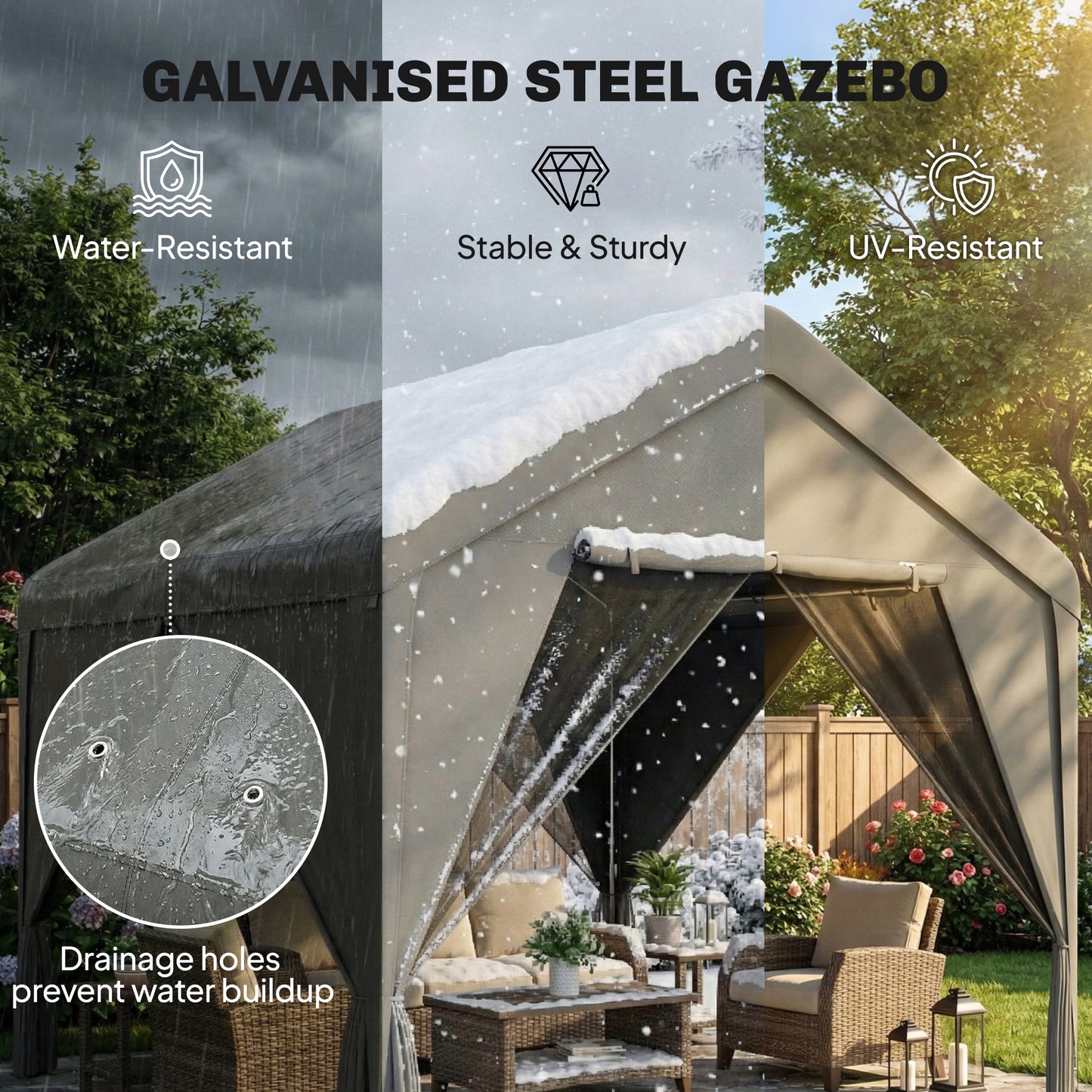 3 x 3 m Patio Gazebo with Netting & Curtains, Outdoor Canopy Shelter with Galvanised Steel Frame, Dark Grey