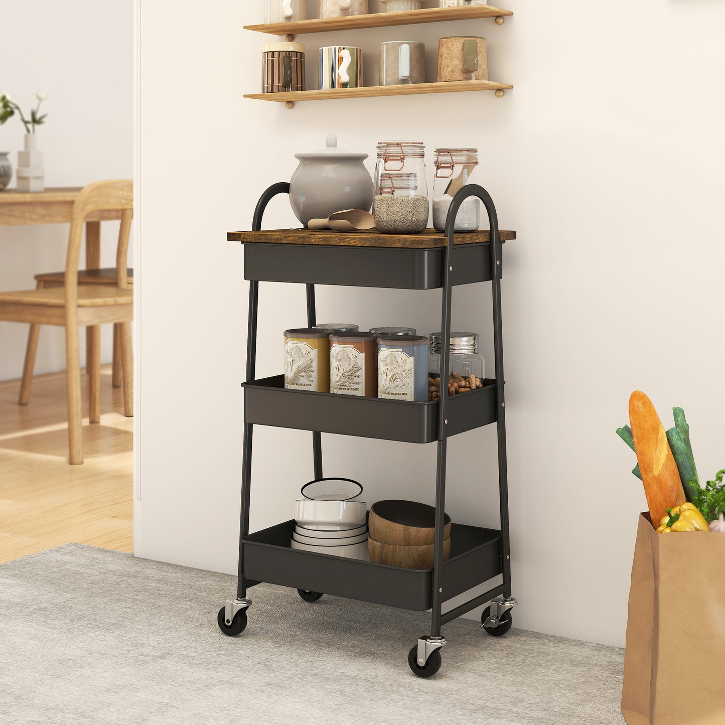 3-Tier Kitchen Storage Trolley with on Wheels Cover Top Board - Rustic Brown and Black