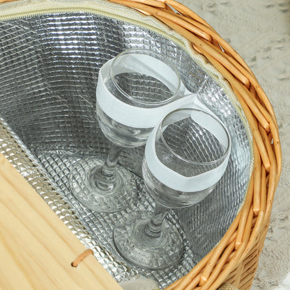 Wicker Picnic Basket for 2 with Pine Wood Lid, Picnic Hamper with Cooler Compartment, Cutlery Service Kits