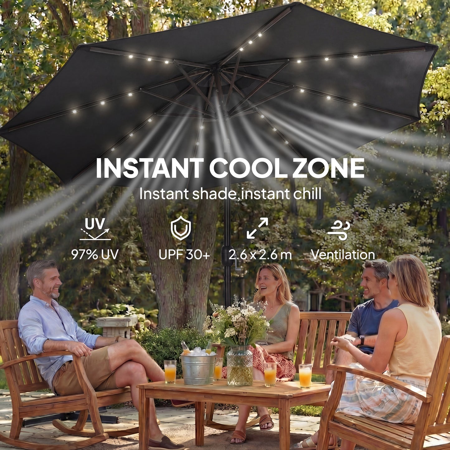 2.6 m Garden Parasol Umbrella with LED Solar Light, Parasol Cover, Outdoor Market Patio Umbrella, Black