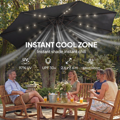 2.6 m Garden Parasol Umbrella with LED Solar Light, Parasol Cover, Outdoor Market Patio Umbrella, Black