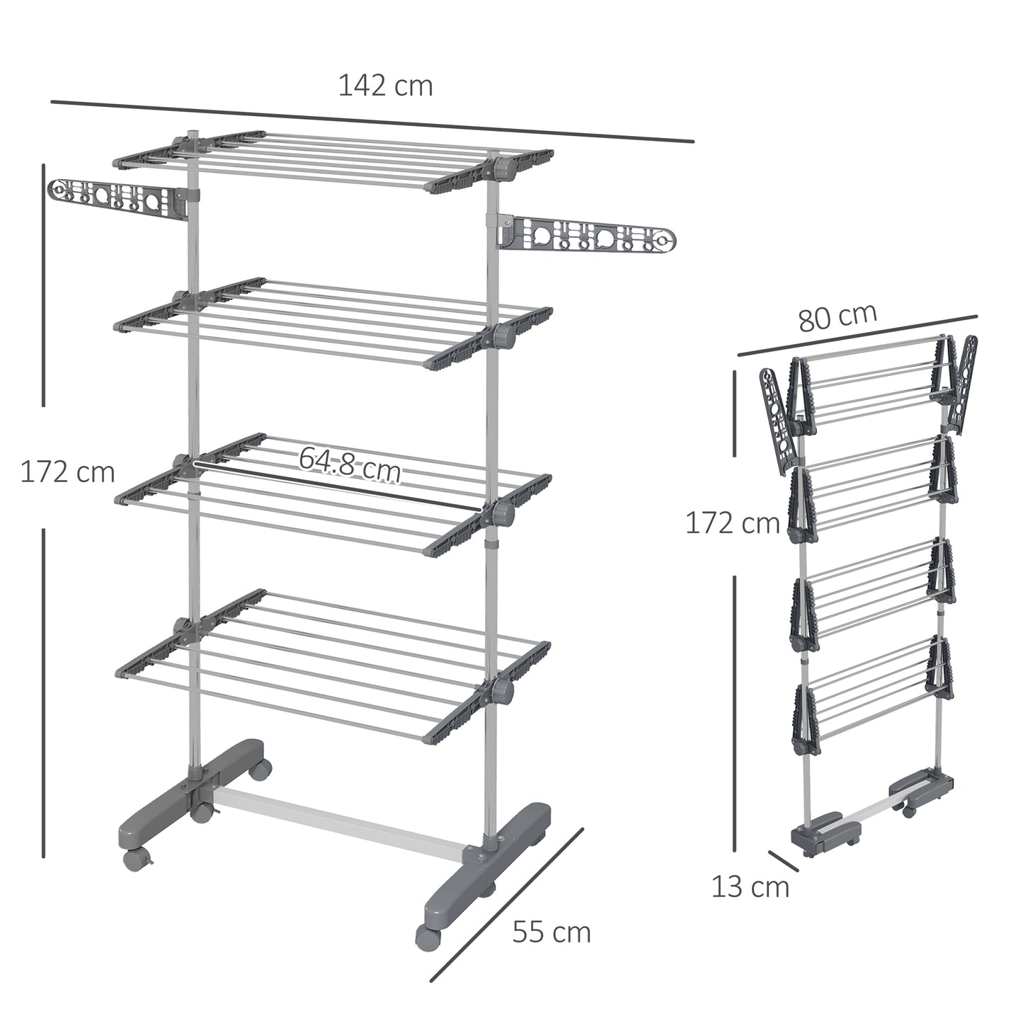 Four-Shelf Collapsing Clothes Horse, With Side Arms and Wheels - Grey