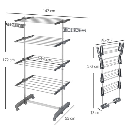 Four-Shelf Collapsing Clothes Horse, With Side Arms and Wheels - Grey