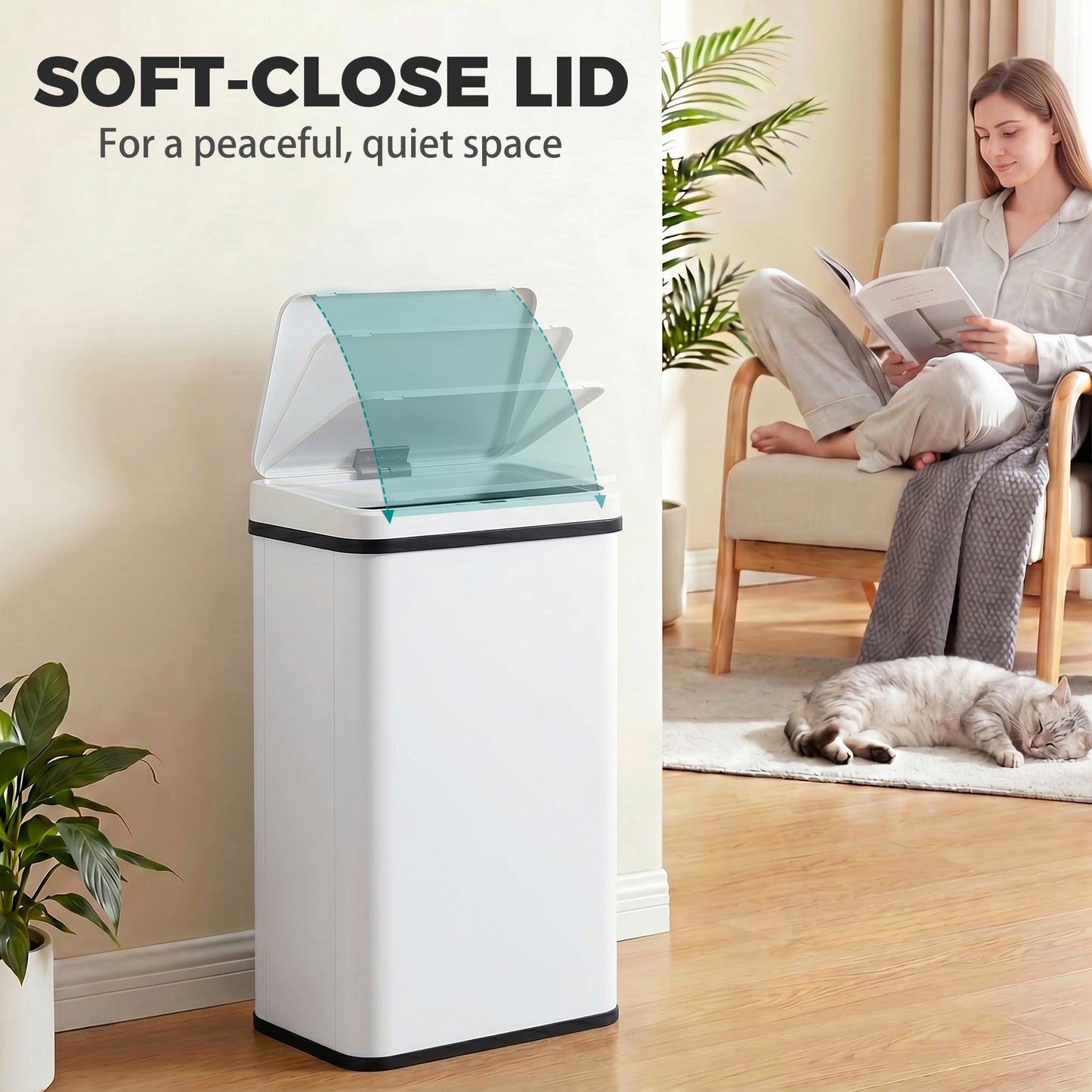 50L Sensor Bin with Soft-Close Lid, Stainless Steel Automatic Touchless Motion Sensor Kitchen Bin, White