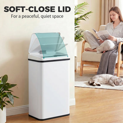 50L Sensor Bin with Soft-Close Lid, Stainless Steel Automatic Touchless Motion Sensor Kitchen Bin, White
